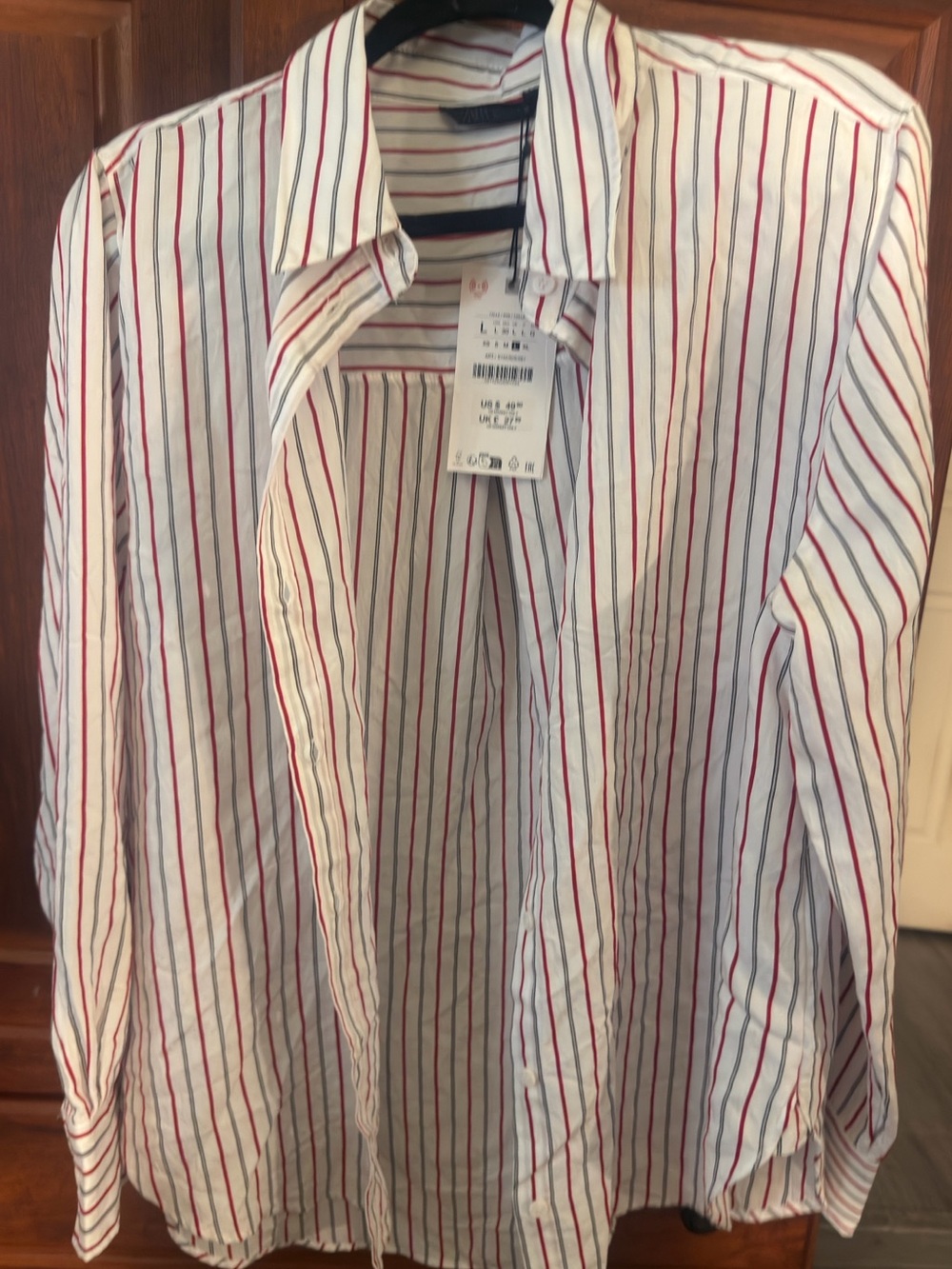 Zara Women collection White Button-Up Shirt with Red and Navy Stripes NWt